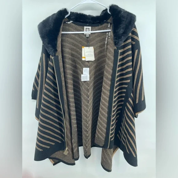 Anne Klein NWT Black Coffee Striped Women's Sweater Poncho Coat Oversized Sm - Picture 9 of 10
